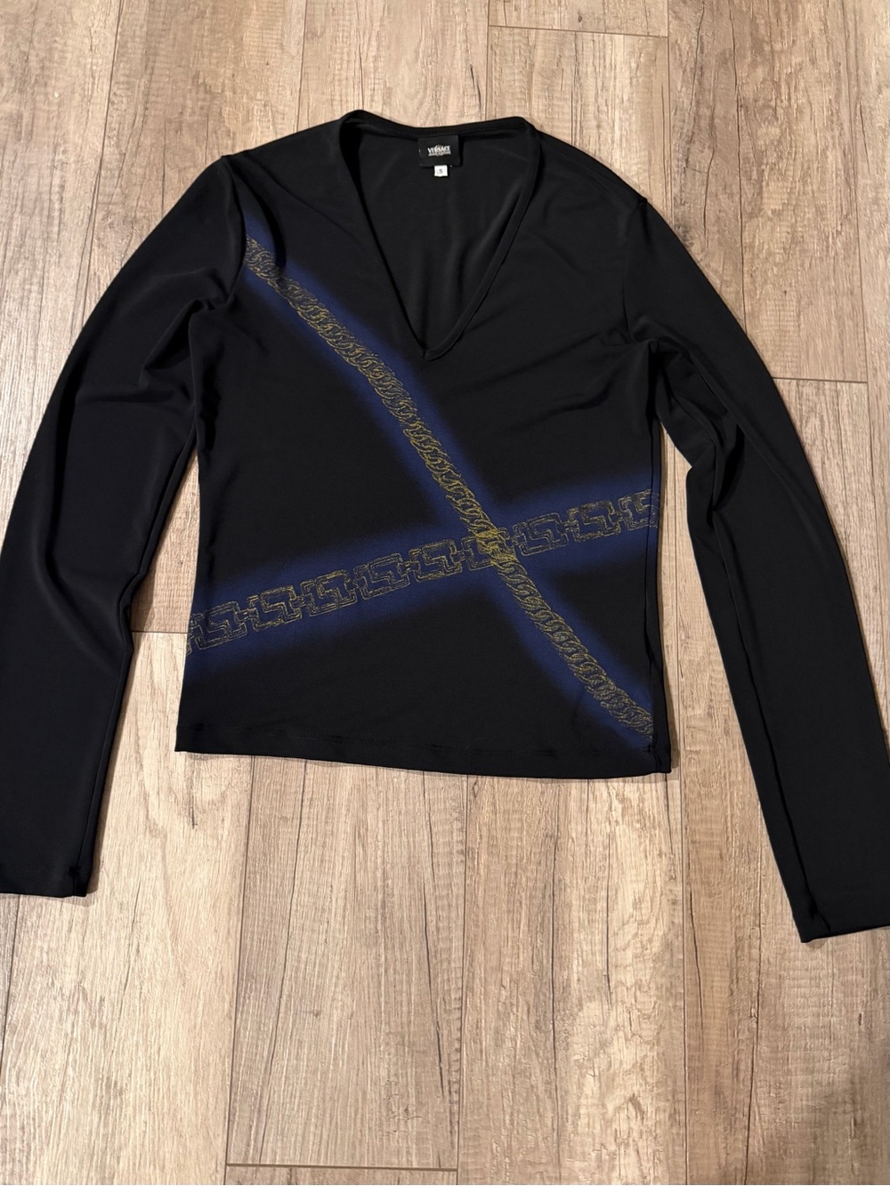 Versace Black Long Sleeve V-Neck Top with Gold and Blue Chain Motif